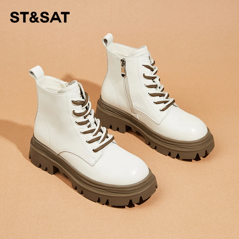 星期六网红马丁靴女士2025新款秋冬英伦风短靴厚底女白色增高靴子