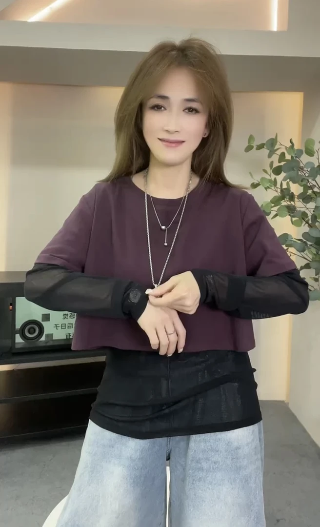 欧货2025春季新款圆领套头纯色简约风短袖超薄网纱内搭两件套女潮