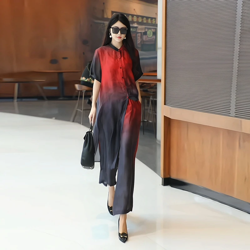 高端轻奢女装2025春夏新款国风渐变气质套装女减龄显瘦大码二件套