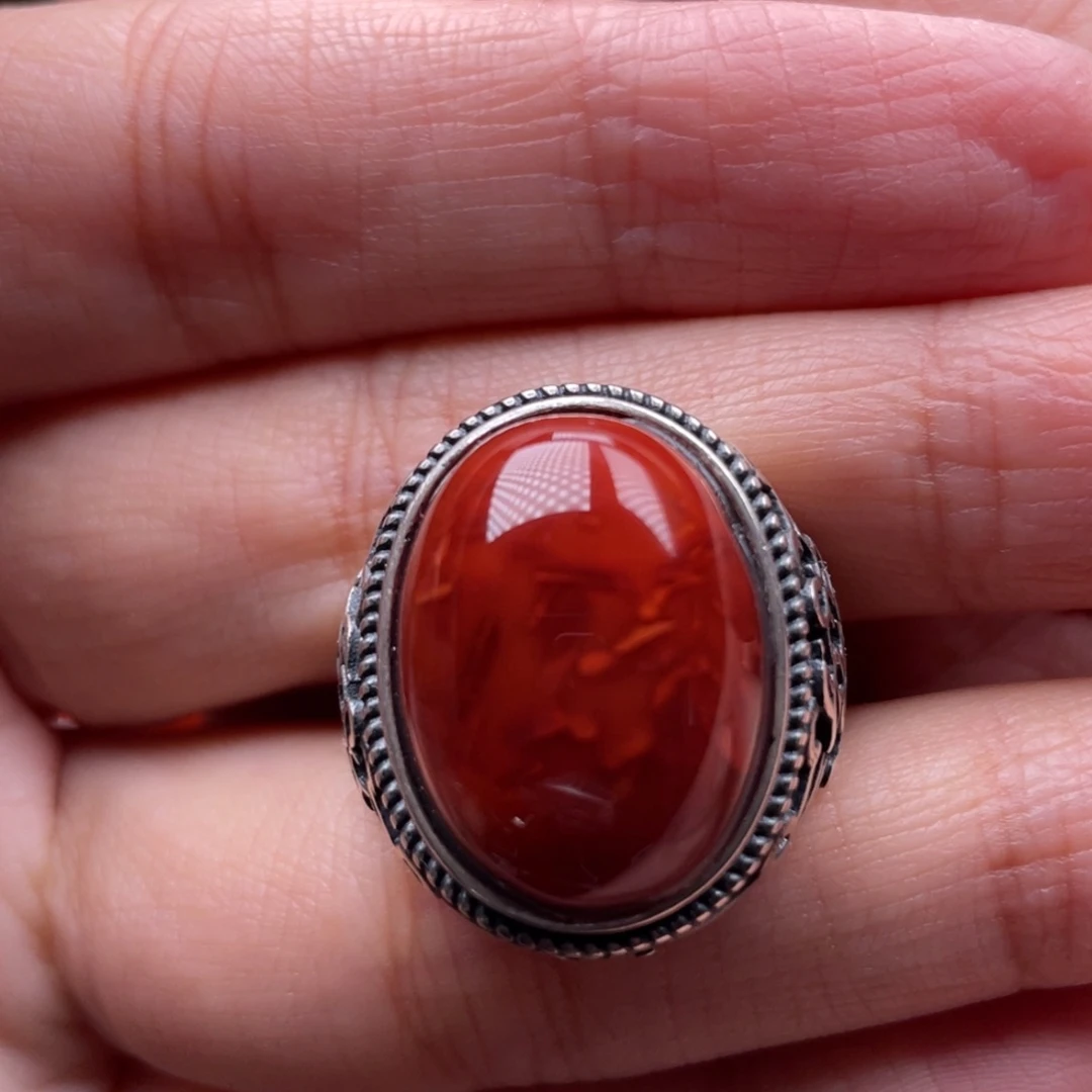 森***沐南红玛瑙银S925镶嵌珠宝奇石戒指