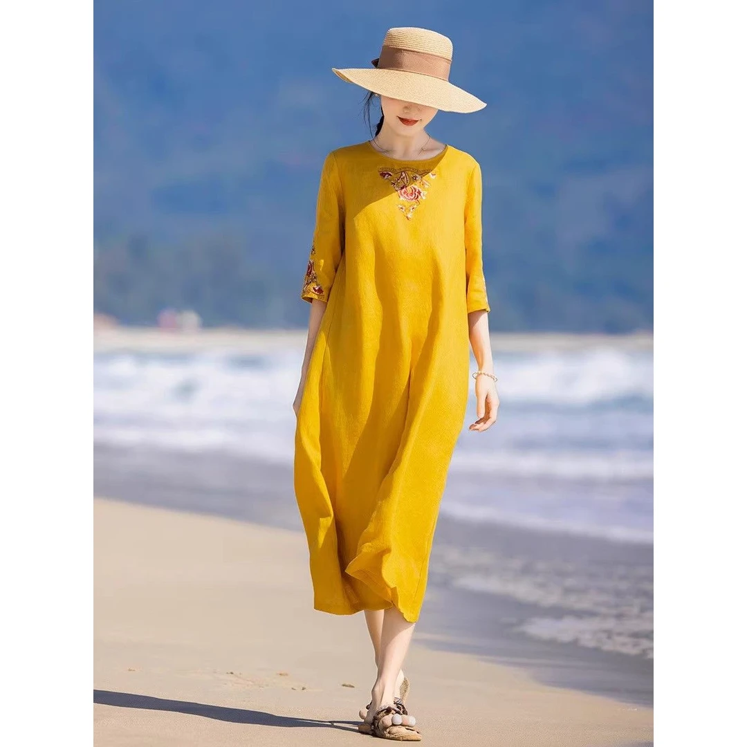 纯棉仿棉麻2025夏文艺复古刺绣新中式改良旗袍连衣裙小圆领绣花裙