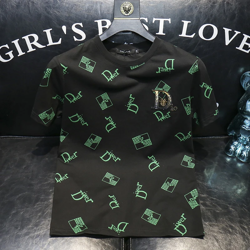 夏季新款潮牌短袖t恤男青年时尚修身字母印花刺绣半袖体恤衫男款