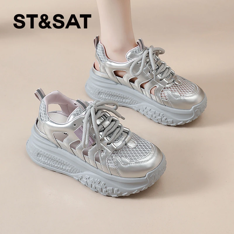 星期六镂空洞洞鞋女士2025新款夏季透气女鞋轻便厚底增高运动鞋子