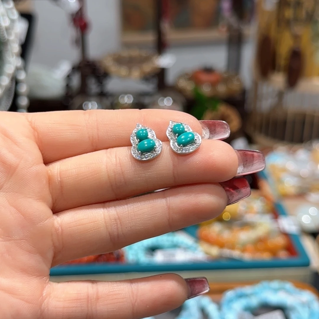 绿松石耳饰银S925镶嵌耳钉