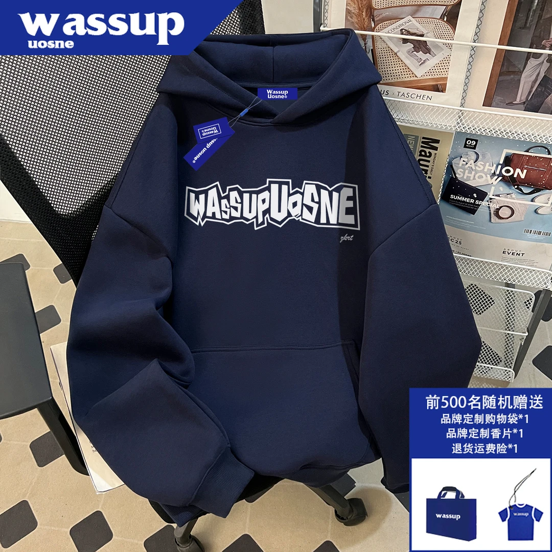 藏青色复古连帽卫衣男生秋冬季hiphop痞帅高街宽松休闲慵懒风上衣