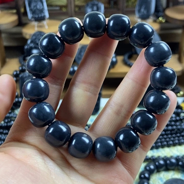 和田玉（墨玉）未镶嵌手串卡14老型灰调