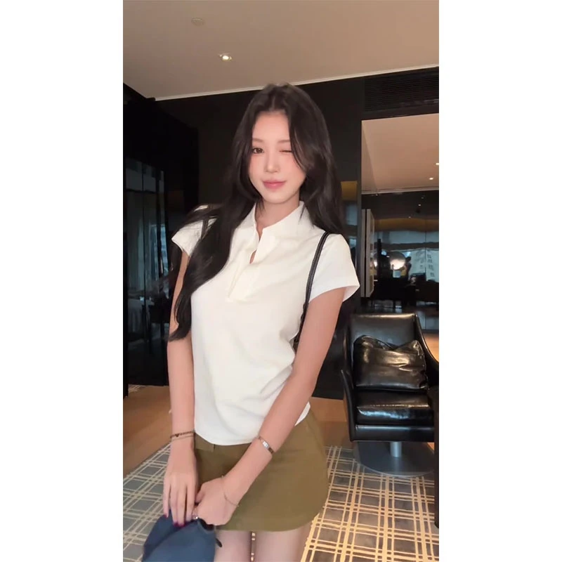 韩系正肩百搭短袖T恤Polo领短款上衣女简约A字包臀半身短裙两件套
