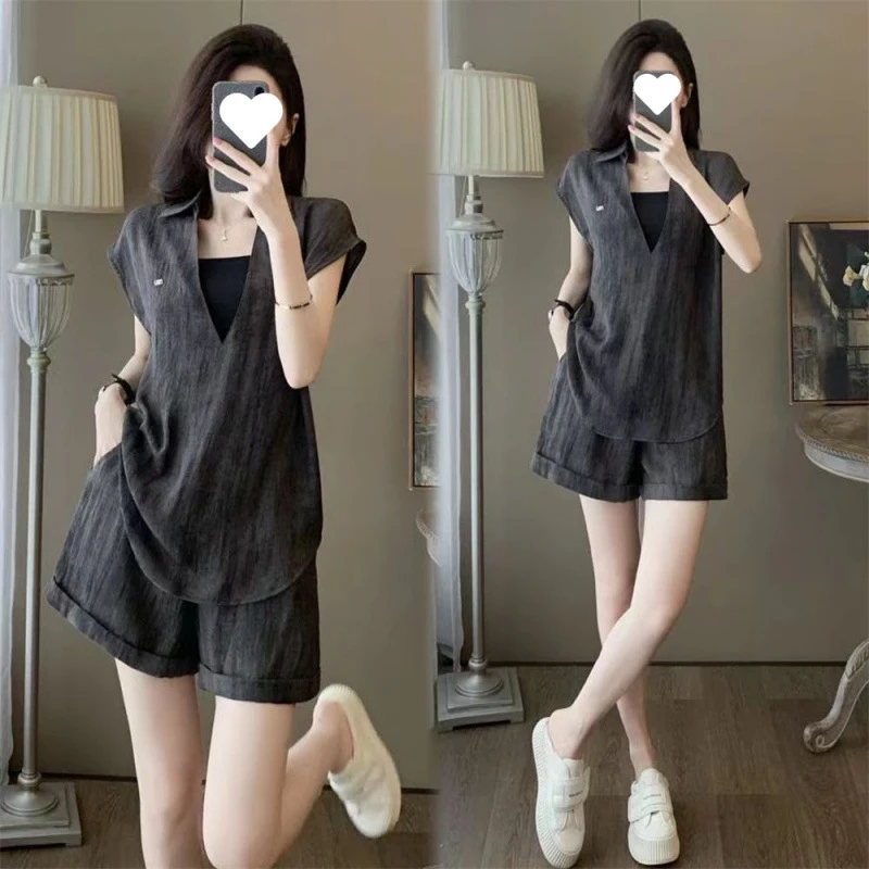 时尚套装女夏季气质显瘦轻熟薄款减龄设计感假两件短袖短裤两件套