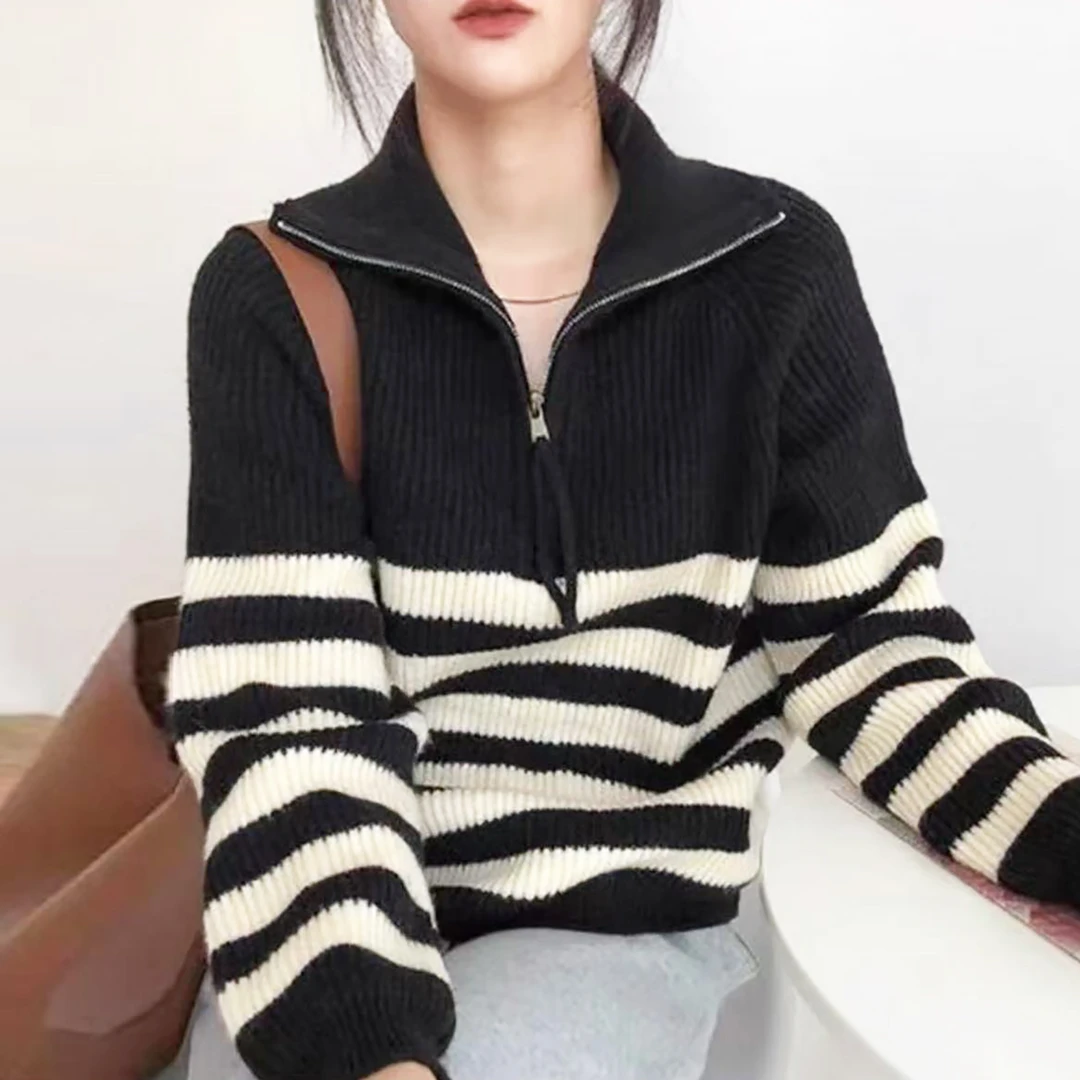 新品上新！时尚百搭半高领条纹针织套头毛衣H281