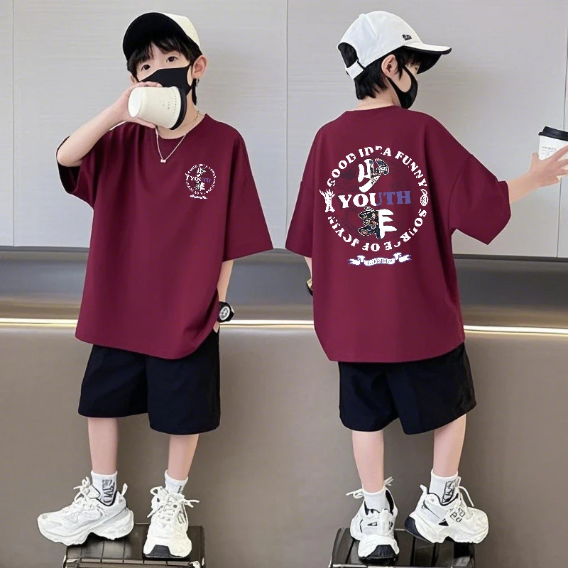 纯棉短袖短裤男童套装中大童夏季时尚宽松圆领男孩酷帅儿童两件套