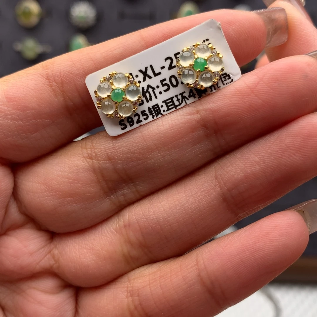 翡翠银S925镶嵌项链耳钉