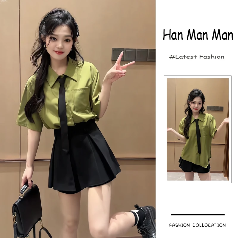 夏季流行穿搭一整套新款2025年韩版减龄学院风衬衫高腰裙裤两件套