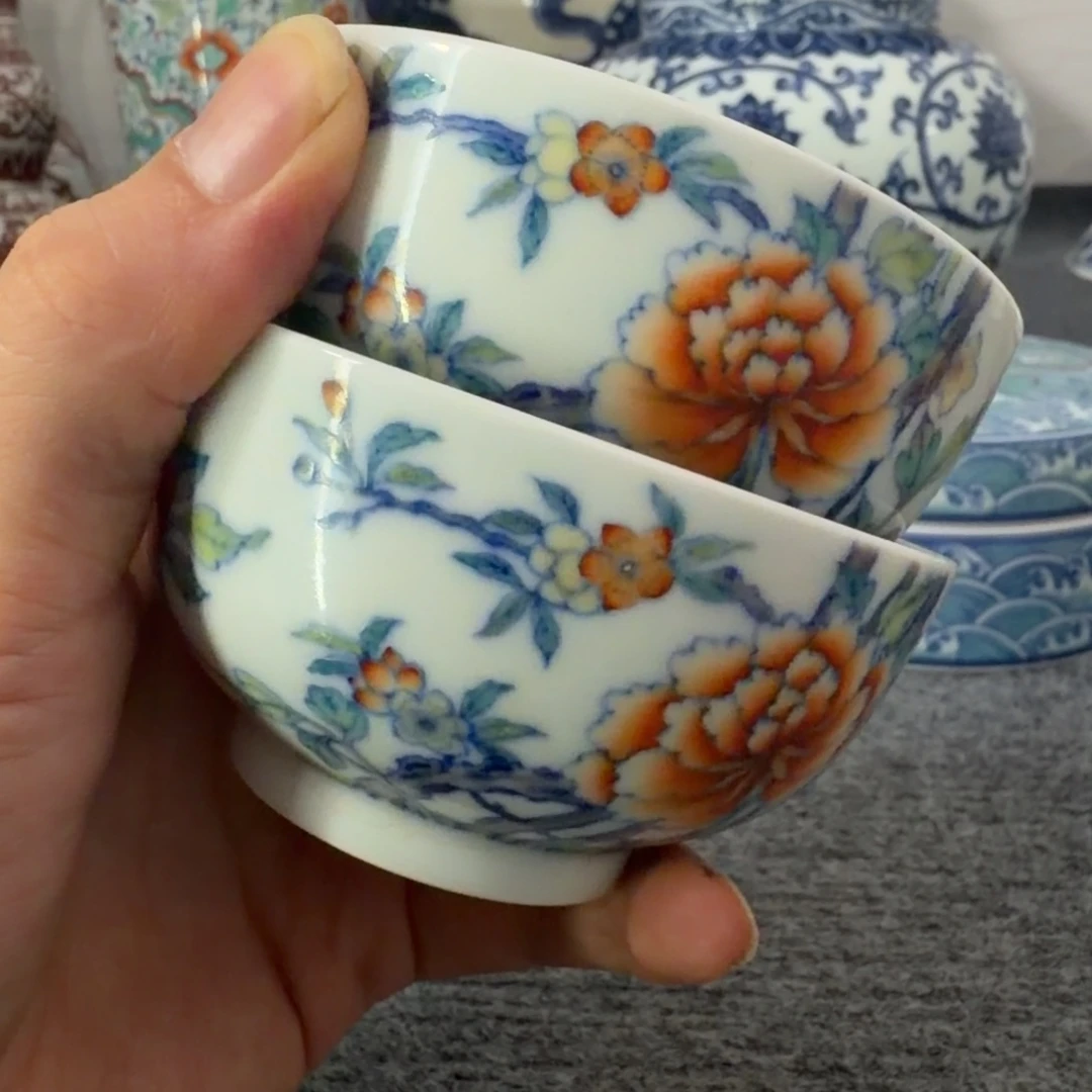 顺***然摆件摆件好看斗彩杯子一对