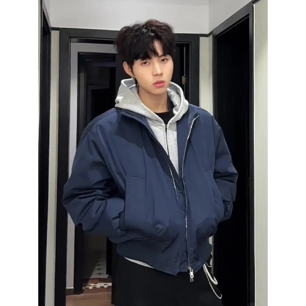 藏青色bomber棉服男款冬季加厚美式飞行夹克外套cleanfit立领棉衣