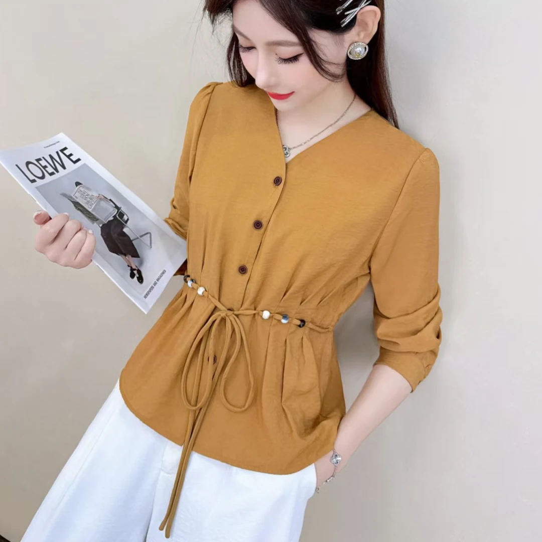 9968#【衣长55】圆领长袖系带收腰女士衬衫早秋新款高级感上衣