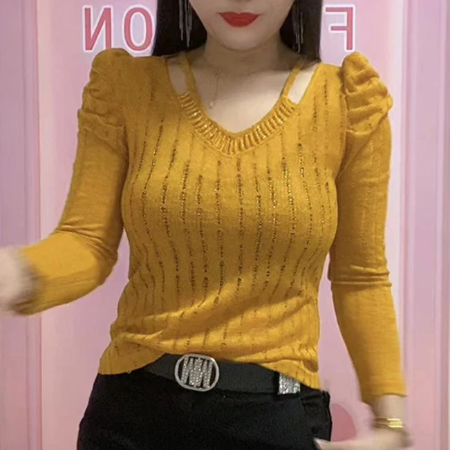 长袖修身型纯色V领法式常规型T恤圆领春夏气质显瘦秋季百搭