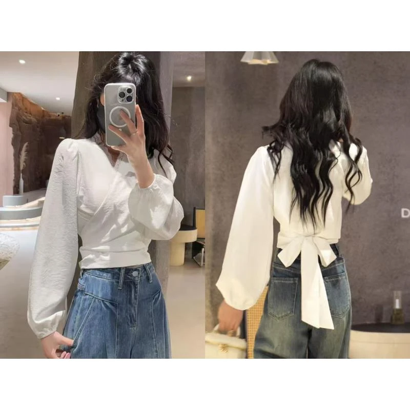 1026春季新款时尚百搭修身绑带衬衣蕾丝Z