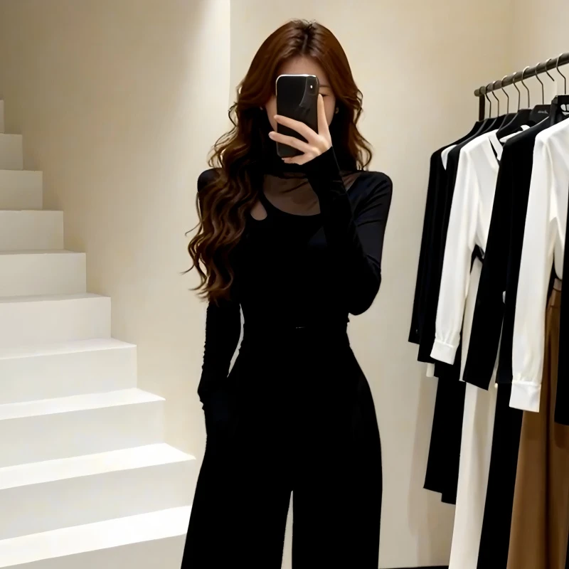 大码高级感黑色网纱半高领长袖t恤秋冬修身内搭上衣女气质打底衫