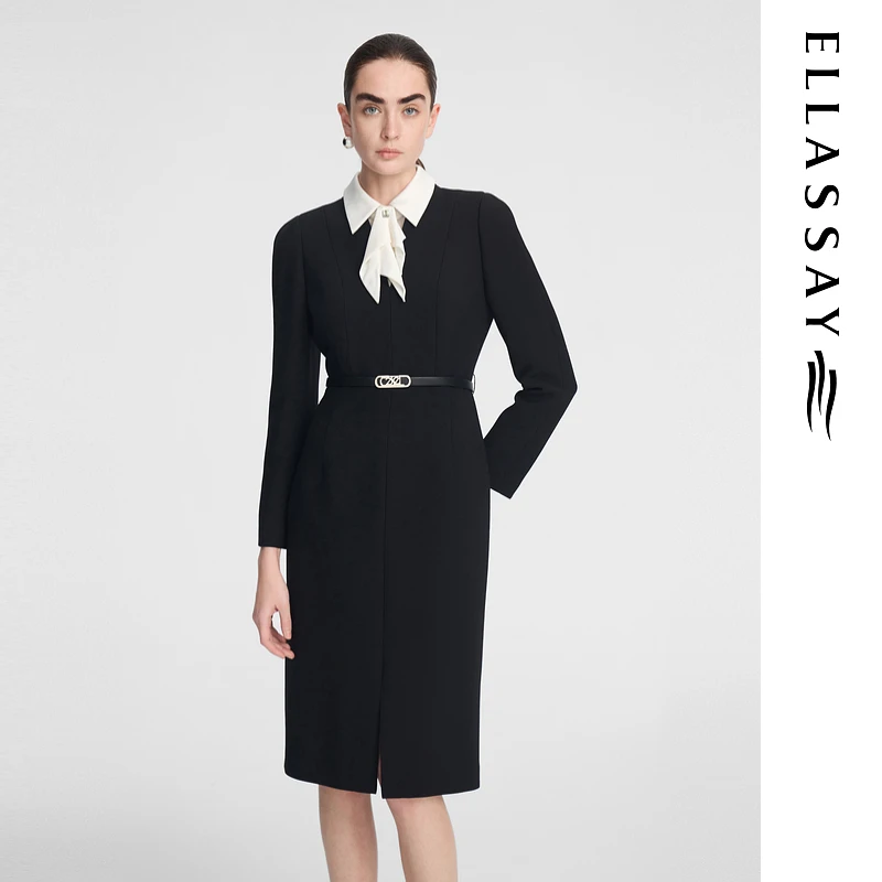 ELLASSAY歌力思秋季新款撞色领气质商务风连衣裙女EWF353Y04100