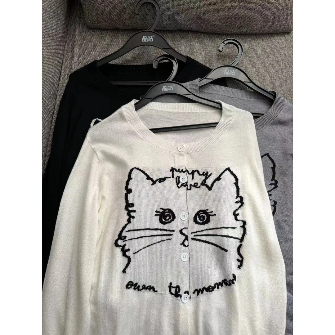 晶咕【猫咪手账】时尚卡通猫咪圆领长袖针织开衫显瘦休闲百搭
