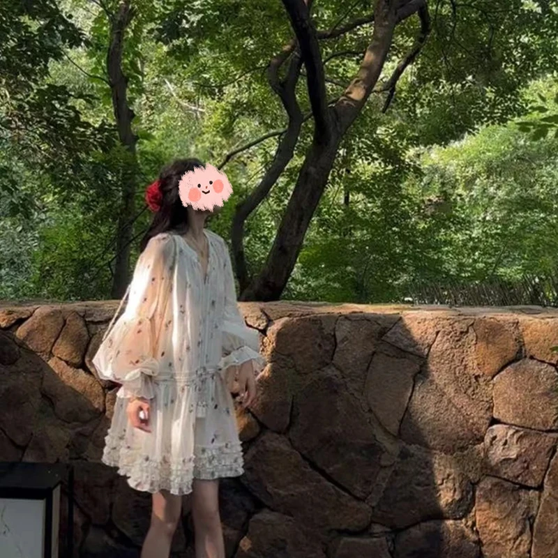 【未闻花海】夏季新款手工刺绣花边连衣裙系带灯笼袖收腰裙子