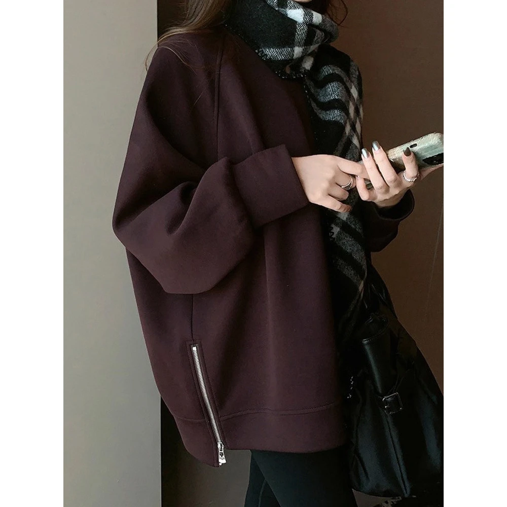葡萄紫色卫衣外套女2025秋冬新款加绒加厚宽松慵懒风侧拉链上衣潮