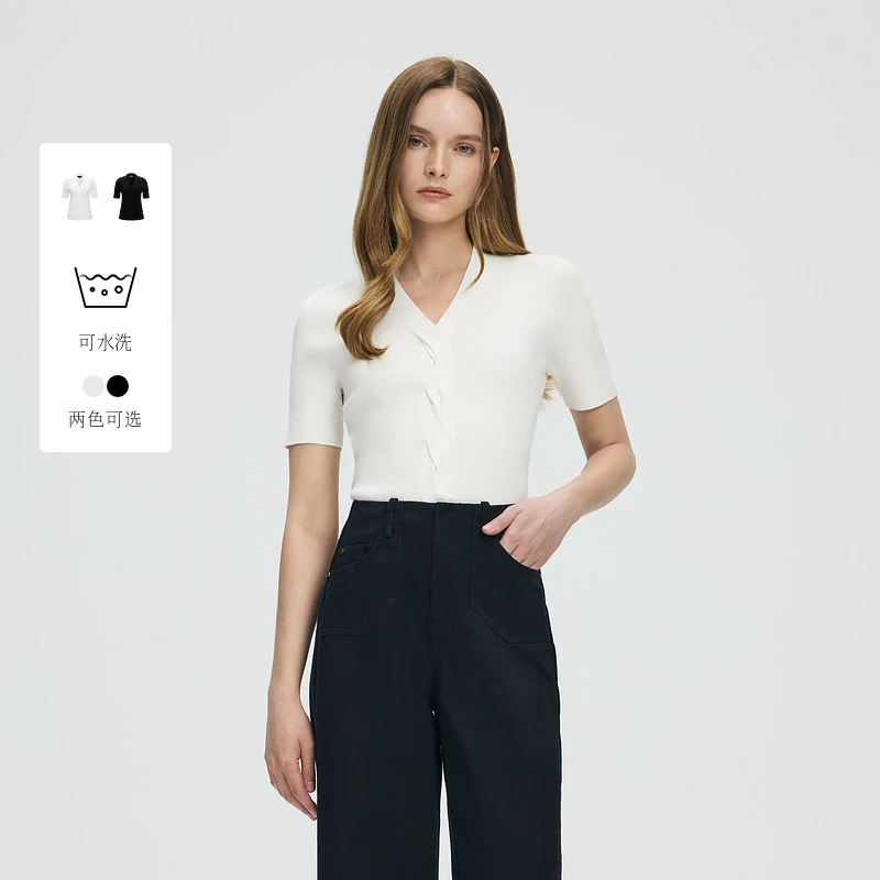 Scofield女V领绞花针织短袖金属LOGO装饰2025秋季新品SFKWF2530E