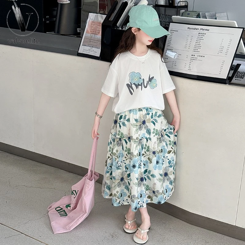 VALVOELITE女童夏装碎花短袖恤半身裙两件套新款儿童女孩洋气半袖