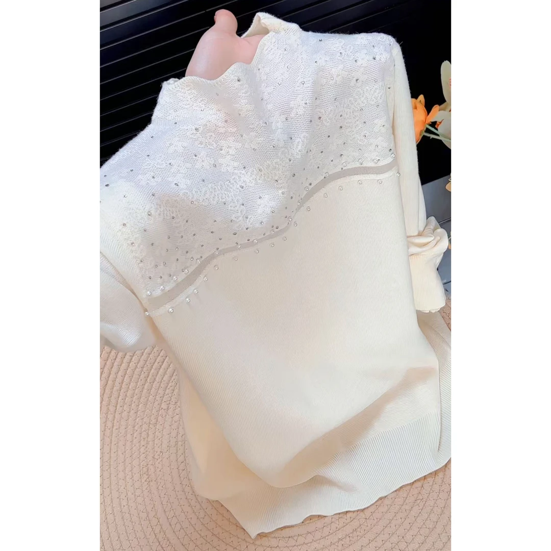 2025秋冬新款百搭时尚蕾丝拼接针织衫宽松休闲风宽松洋气套头毛衣