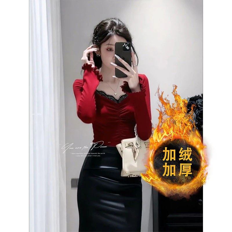 蕾丝拼接红色长袖t恤打底衫女绝美漂亮轻熟小衫秋冬内搭洋气上衣