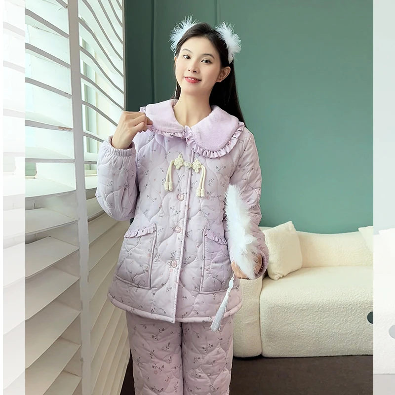 【怦然心动】韩蜜蜜睡衣女新款国风温柔碎花三层夹棉爆款外穿家居服