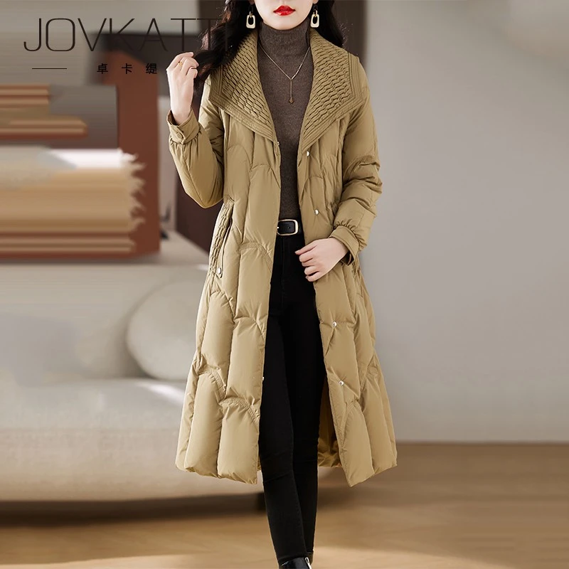 西装领羽绒服女冬季2025新款修身系带收腰显瘦气质加厚中长款外套