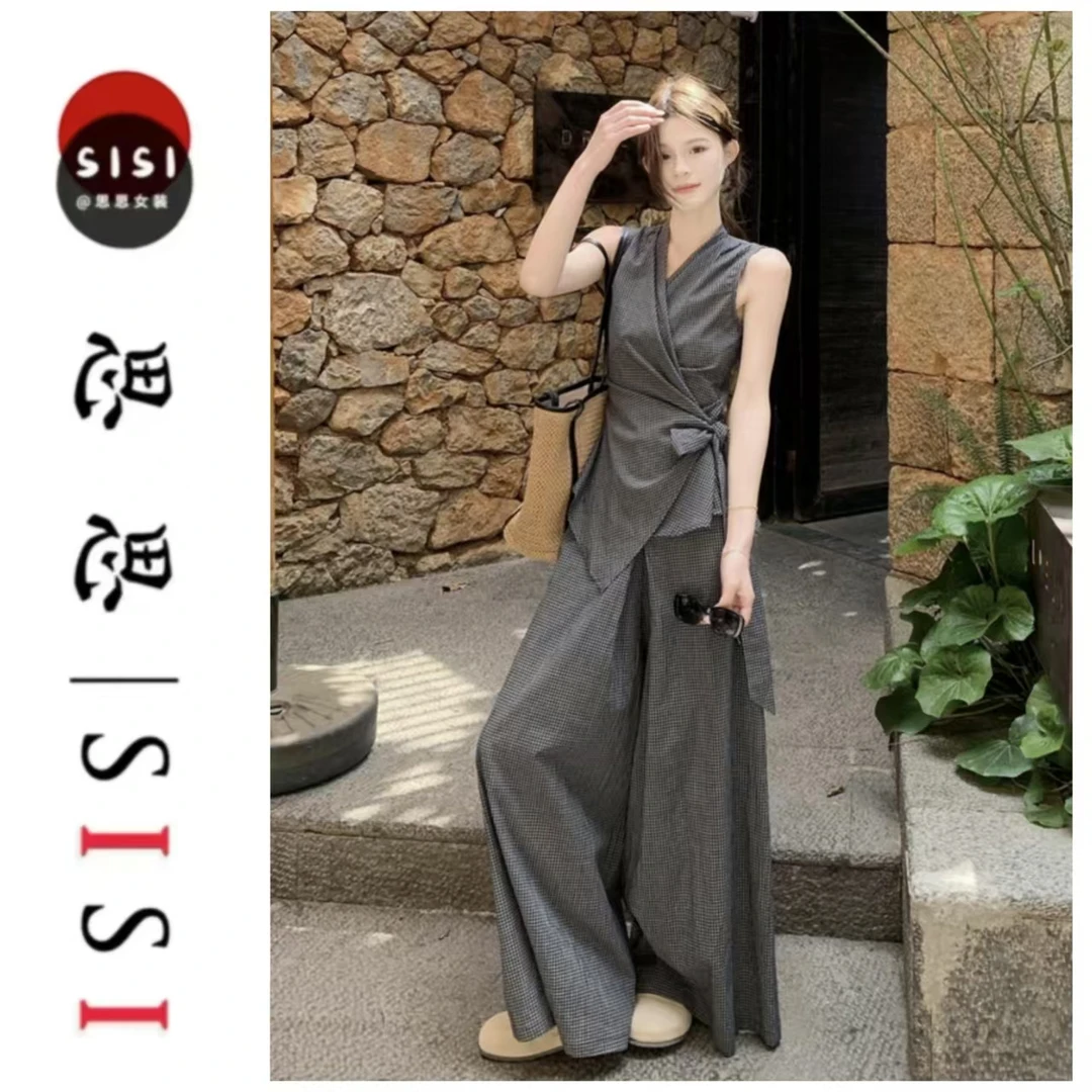 2025设计感气质收腰绑带格子无袖上衣休闲阔腿裤套装