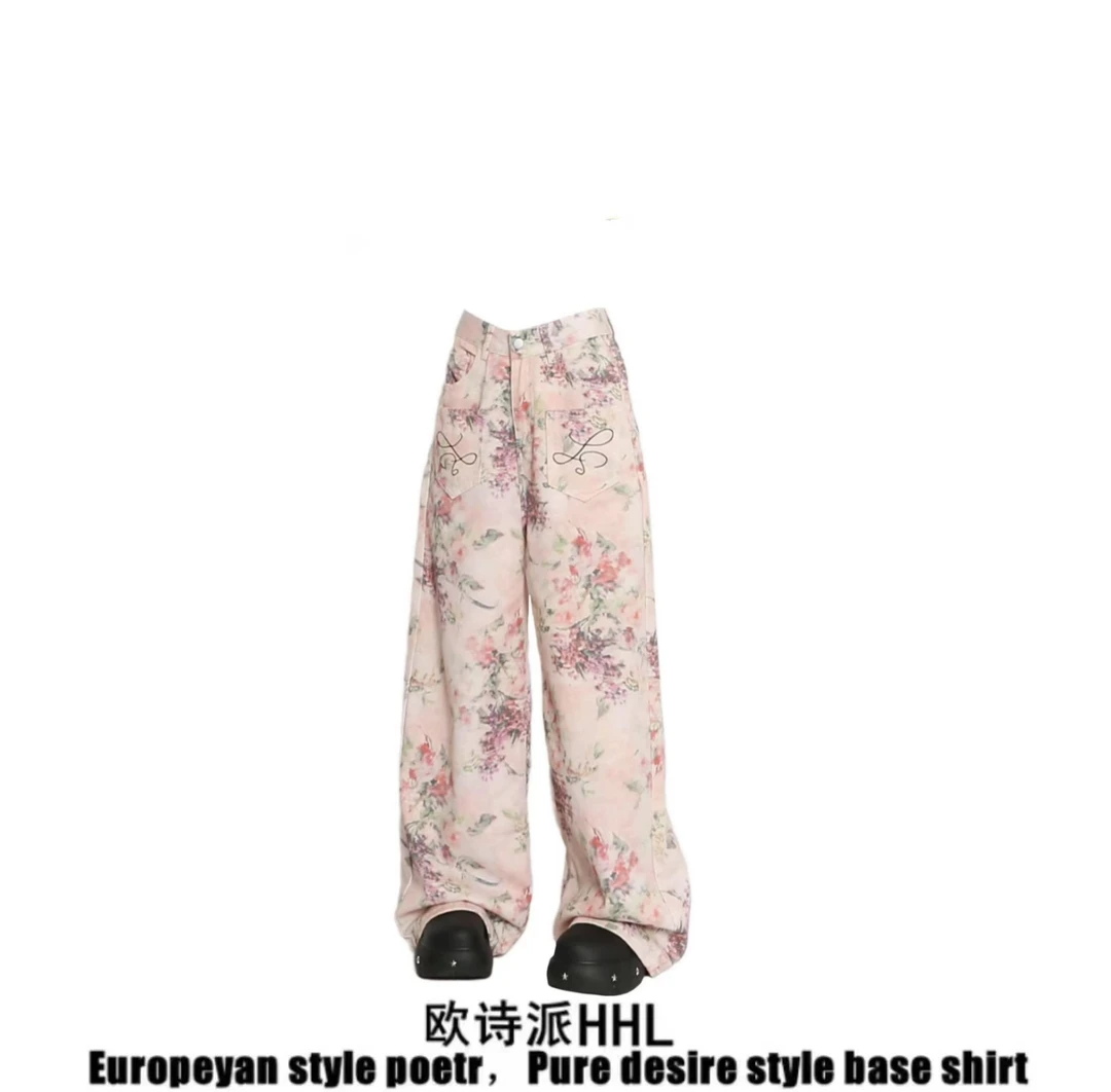 设计感印花牛仔裤女春秋新款2025新中式复古港风休闲直筒阔腿裤潮