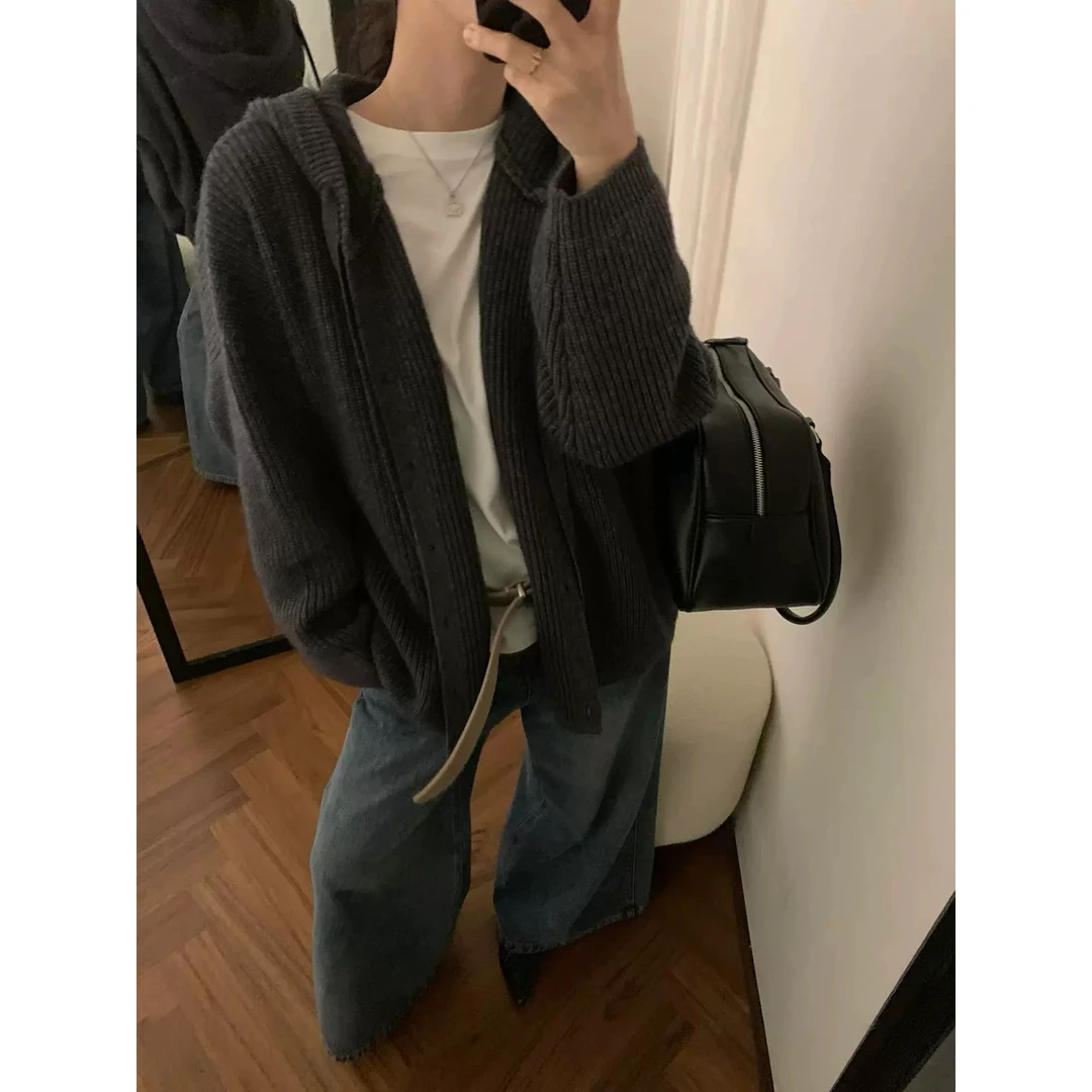 /元宝针珍珠帽衫/休闲宽松连帽针织开衫慵懒外套女 衣长60 58032