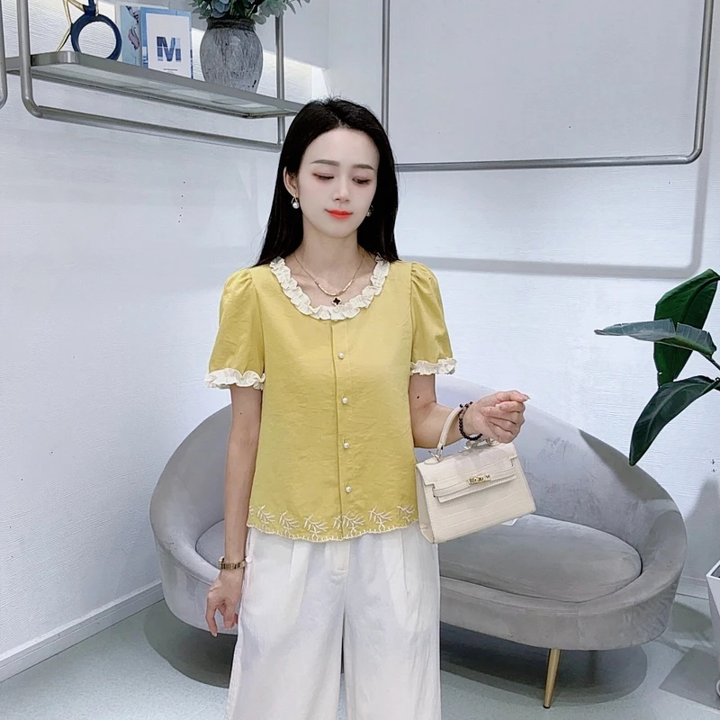 【赠运费险】夏季短袖衬衫气质花边领百搭纯色宽松新款休闲显瘦上衣