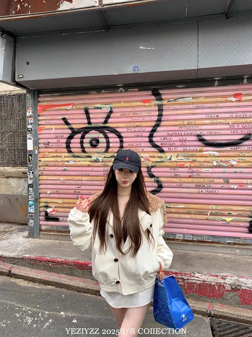 叶子 YEZIYZZ法式羊羔毛外套女秋冬褶皱盘扣夹克上衣短款时尚休闲