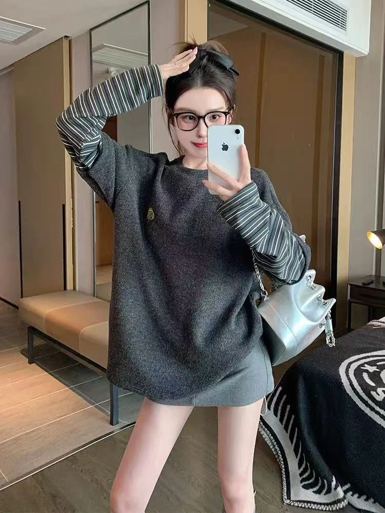 韩系穿搭假两件春秋季宽松单穿设计感小众正肩秋冬长袖t恤ins