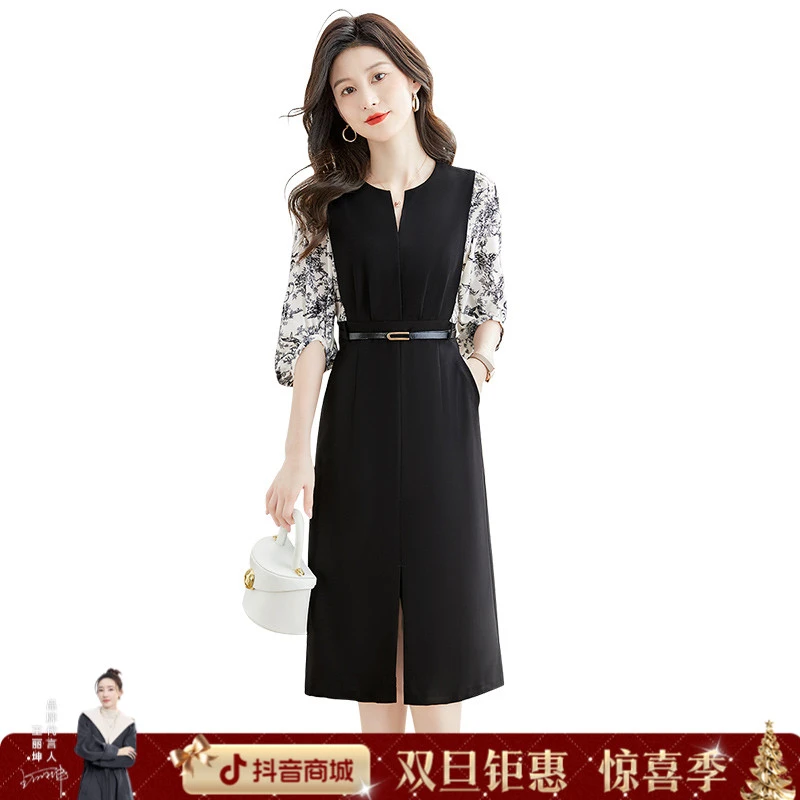 丝柏舍2025秋季新款女装气质收腰中长裙撞色拼接连衣裙S41R0053L