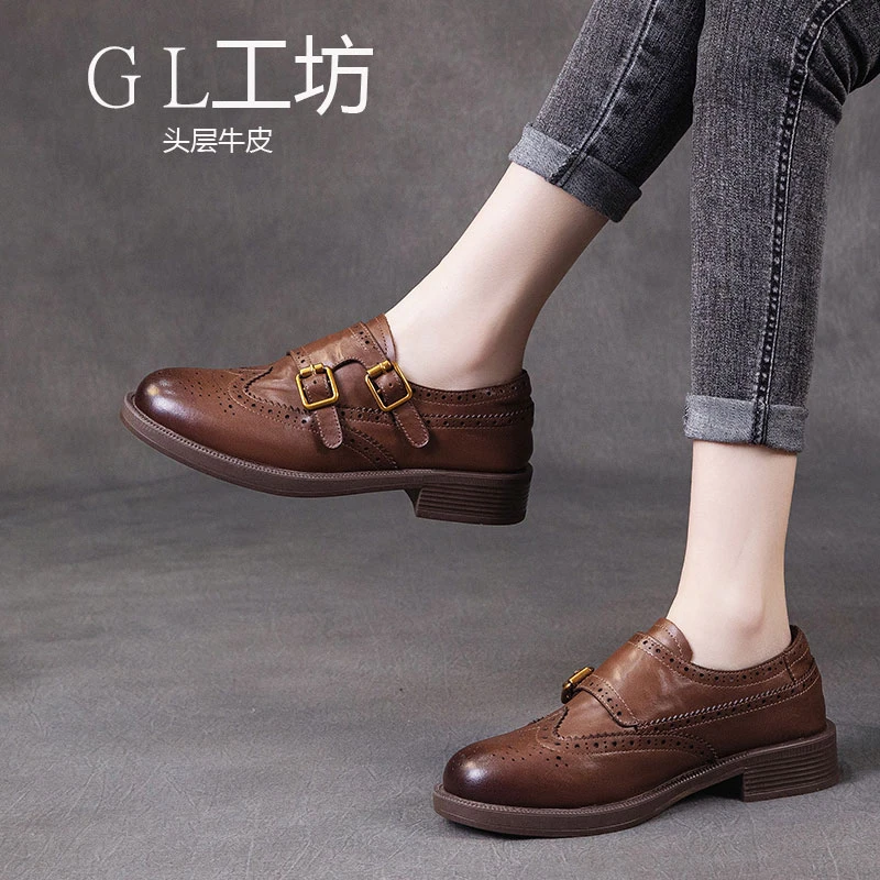 【GL】手工鞋头层真皮英伦风雕花布洛克鞋复古小皮鞋牛津鞋女乐福鞋
