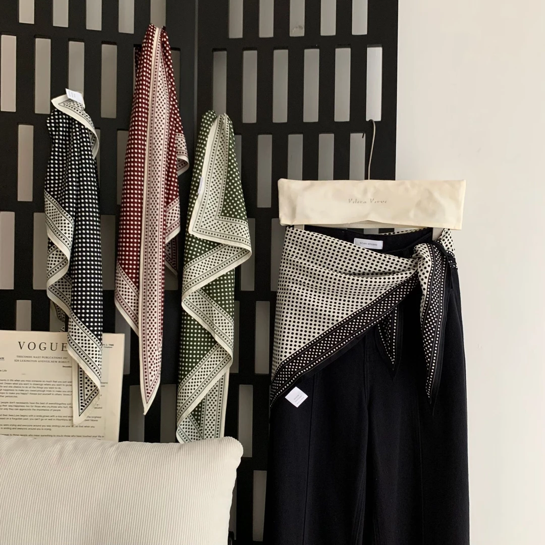 韩系氛围感丝巾女士法式复古圆点印花时髦装饰飘带发带三角丝巾夏