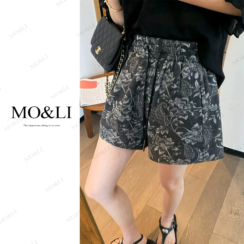 【YUYU】棉麻花卉短裤时尚短裤夏季收腰抽绳