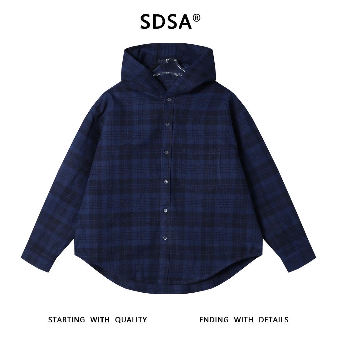 SDSA秋冬新款痞帅男装韩版潮牌撞色格纹纽扣长袖连帽衬衫百搭时尚