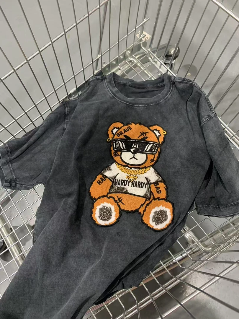 包嫂【W1157黑色小熊】短袖t恤女打底半袖上衣休闲夏季2025款重工爆