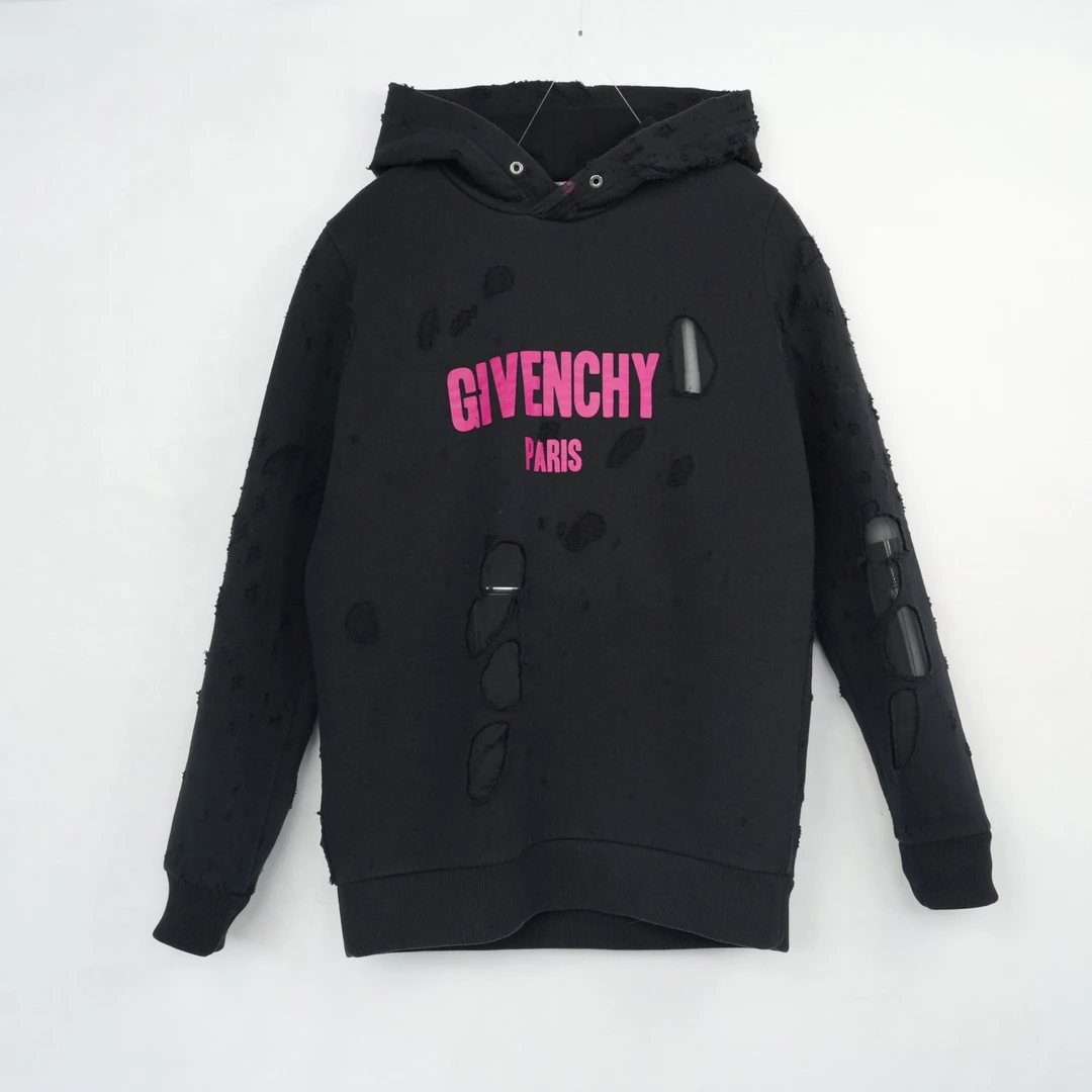 95新 Givenchy/纪梵希 粉色字母印花破洞连帽卫衣 XS码 B10034
