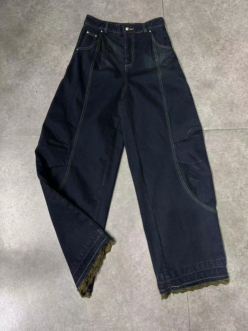 2738牛仔裤直筒裤拼接女阔腿裤时尚高腰百搭裤子牛仔复古N99