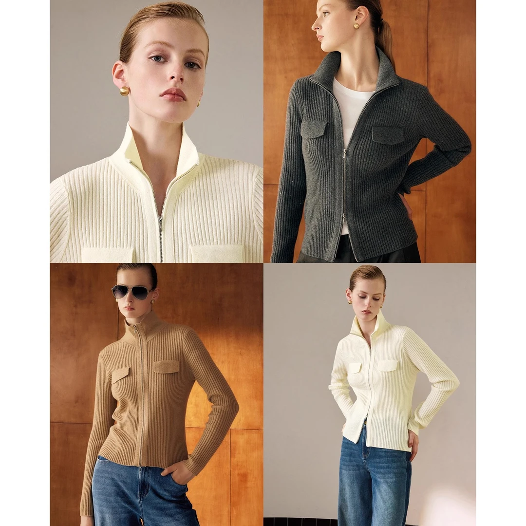 卡米兰气质短款绵羊毛针织开衫外套女2025秋季新款针织衫上衣