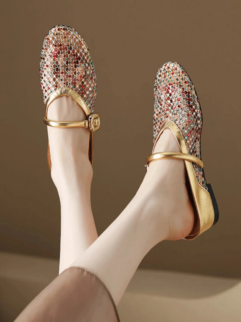 5cm时尚百搭气质网状镂空透气包头拖鞋女夏季外穿百搭水钻半拖鞋