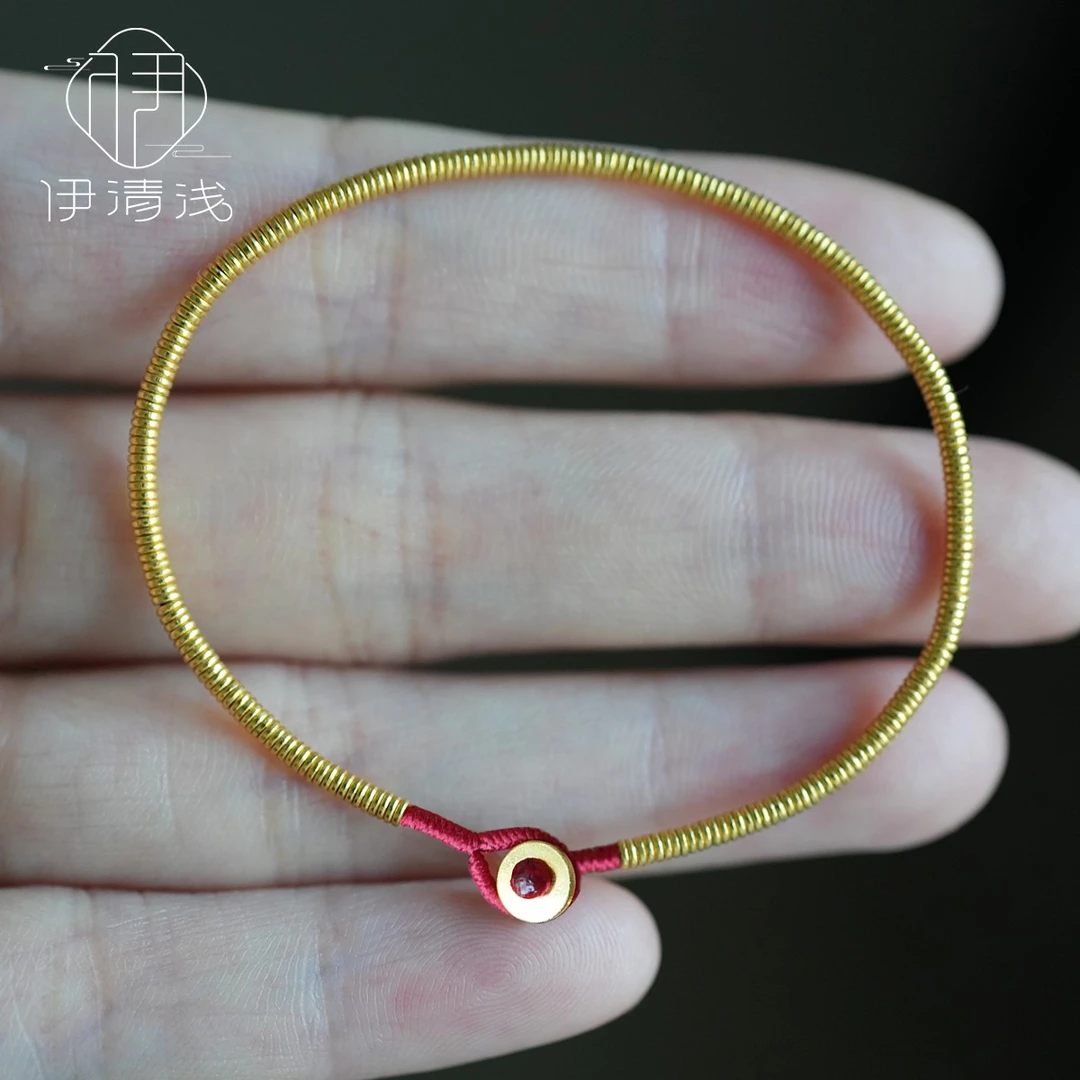 【小细镯】伊清浅999足金小盘缠黄金编绳手串复古系列小金圈手链