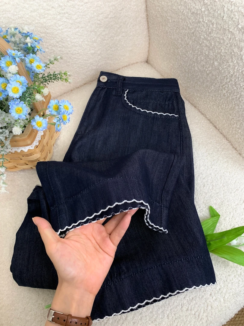 天丝凉感牛仔裤女夏薄款大码小个子显瘦高腰垂感九分阔腿裤9822